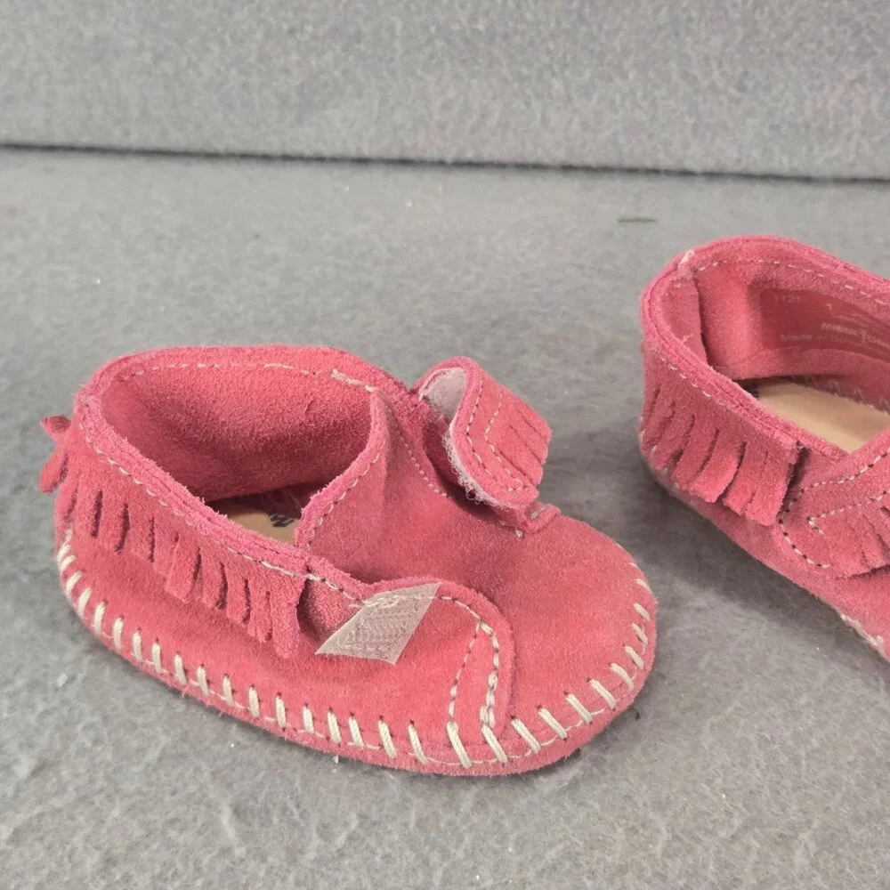 Minnetonka Pink Moccasin Fringe Booties, Infant Girls, Leather, Size 1